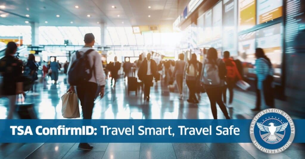 Busy airport terminal with travelers walking toward security checkpoints and digital flight information boards in the background. A blue banner across the bottom reads “TSA ConfirmID: Travel Smart, Travel Safe,” alongside the Transportation Security Administration seal.