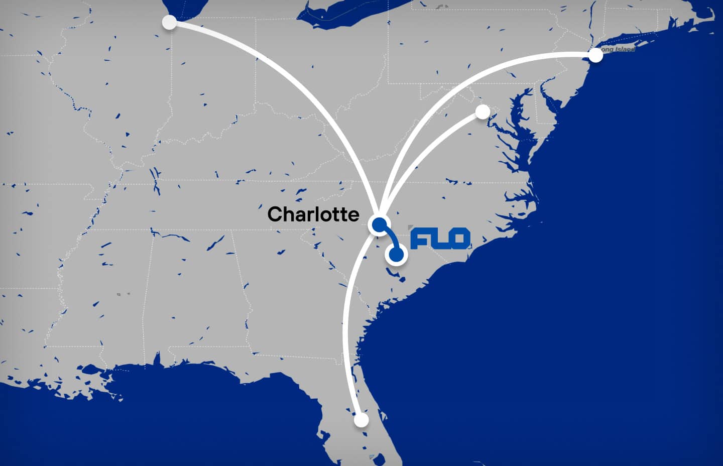 Static United States map showing Florence, South Carolina with a line connecting to Charlotte and beyond to showcase hundreds of direct flight opportunities.