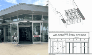 A composite image showing a real-world building entrance with 'WELCOME TO PALM SPRINGS' signage, alongside its isometric and elevation architectural drawings.