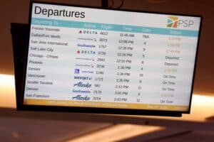 A digital airport departures board displaying flight information for Palm Springs International Airport (PSP) on May 27, 2025.