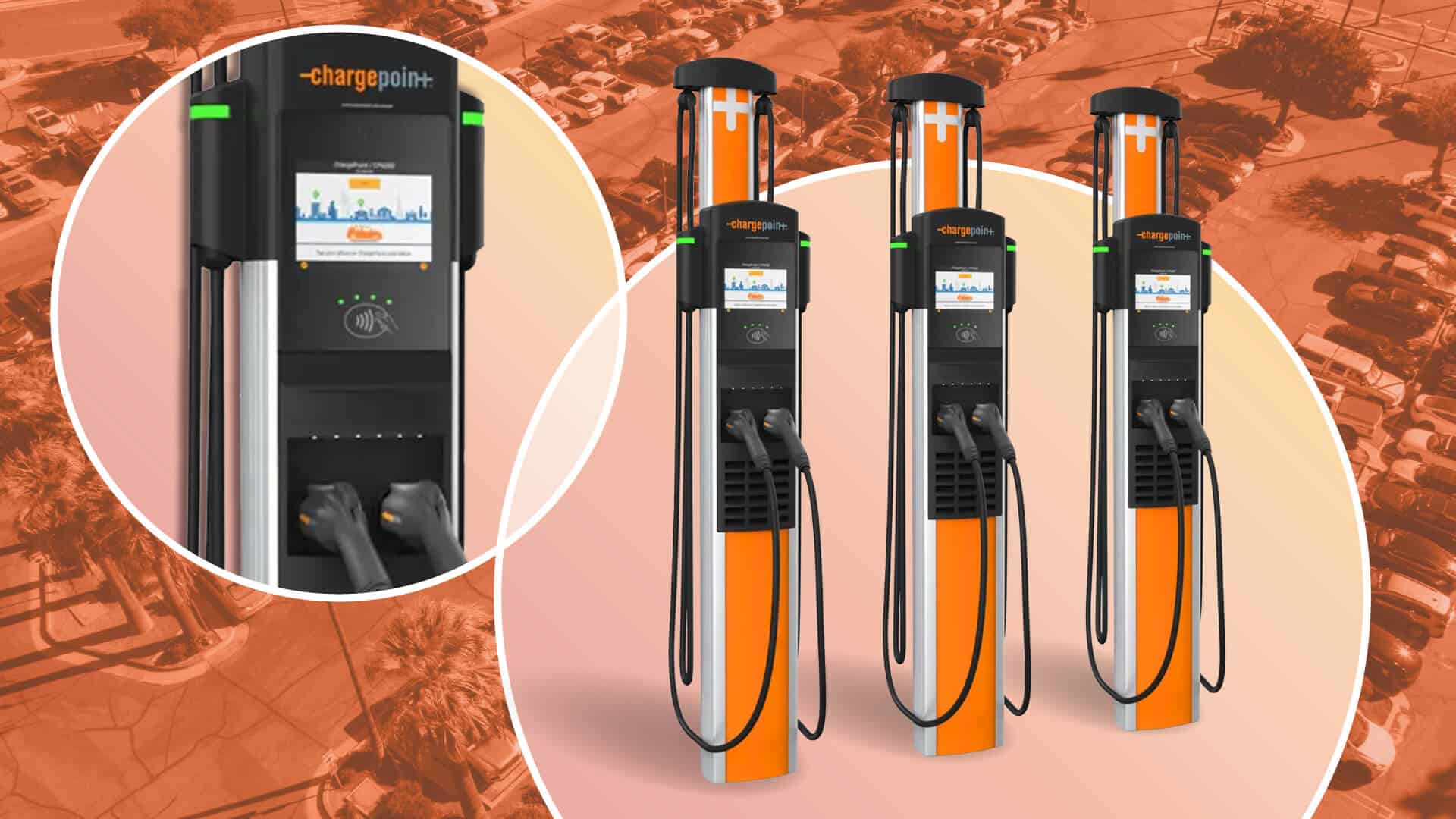 Four ChargePoint EV charging stations, black and orange, with screens and charging cables, overlaid on an aerial view of a sepia-toned parking lot filled with cars.