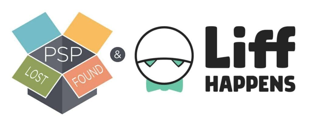 Two logos side-by-side. On the left, a multi-colored open box with 'PSP', 'LOST', and 'FOUND' text. In the middle, an ampersand. On the right, a white circular character with fangs and a bow tie, next to the words 'Liff HAPPENS'.