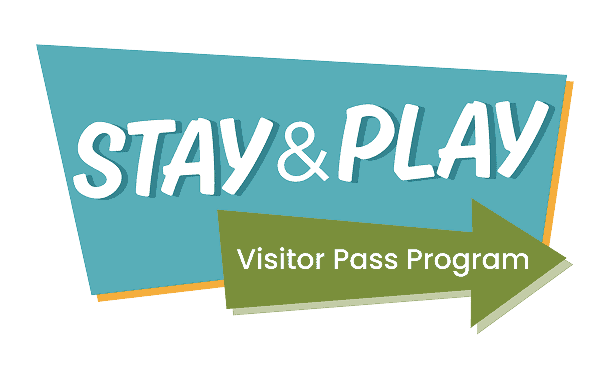 Graphic with text 'STAY & PLAY Visitor Pass Program' on teal and green shapes.