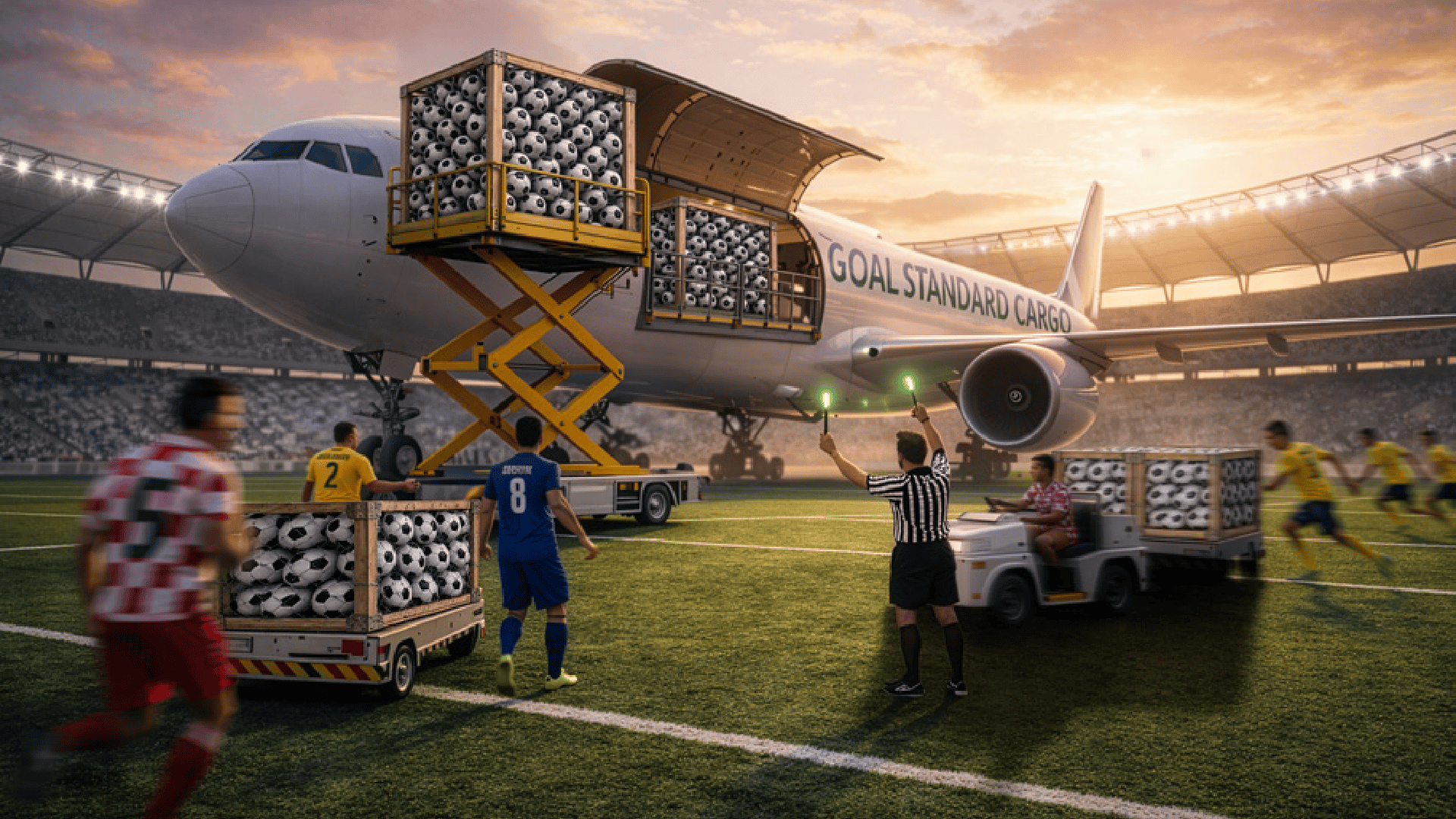 Surreal illustration of an air cargo aircraft delivering soccer balls to the big game
