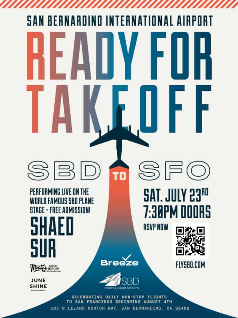 Ready for Takeoff flyer: SHAED with Sur, celebrating the SBD to SFO route.