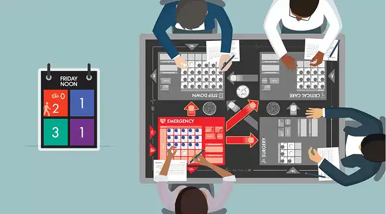 A corporate team collaborating to solve challenges in the Friday Night at the ER® business simulation.