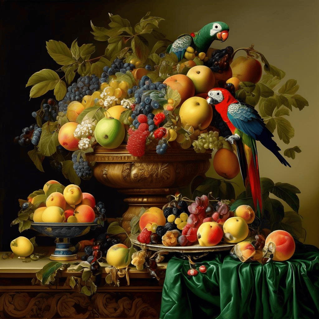 Fruit Still Life with an Amazon parrot – Ferdinand Georg Waldmüller