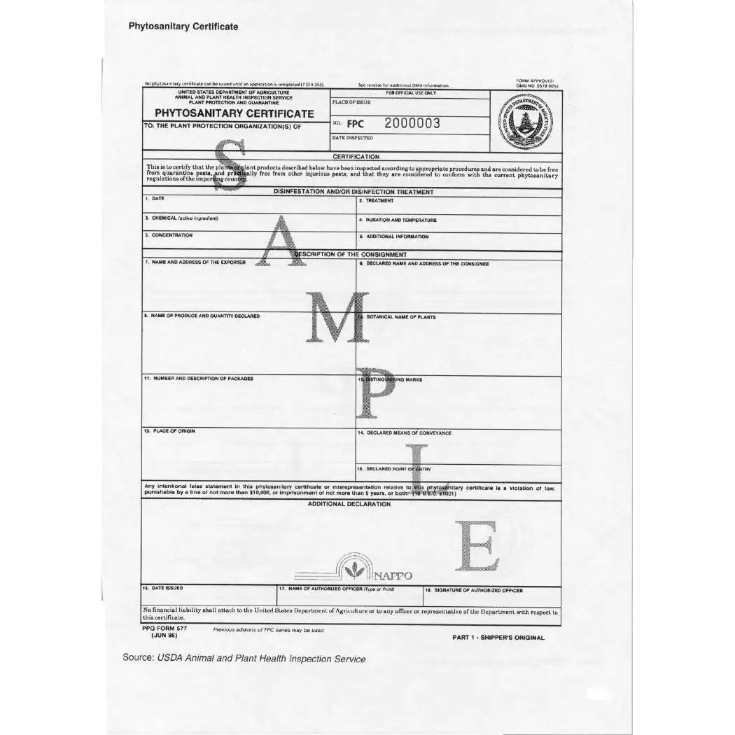 Phytosanitary certificate sample