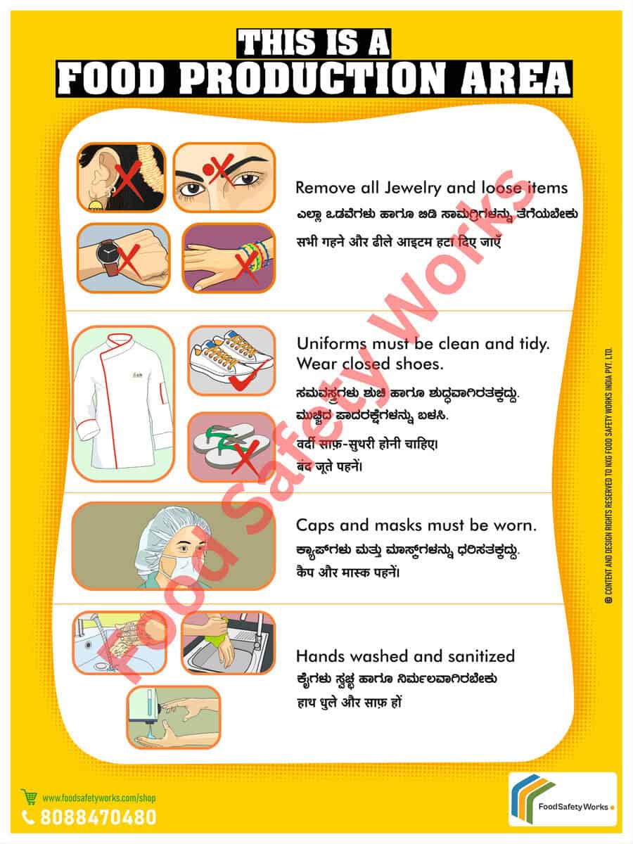Hand washing poster emphasizing proper hygiene practices in food production areas.