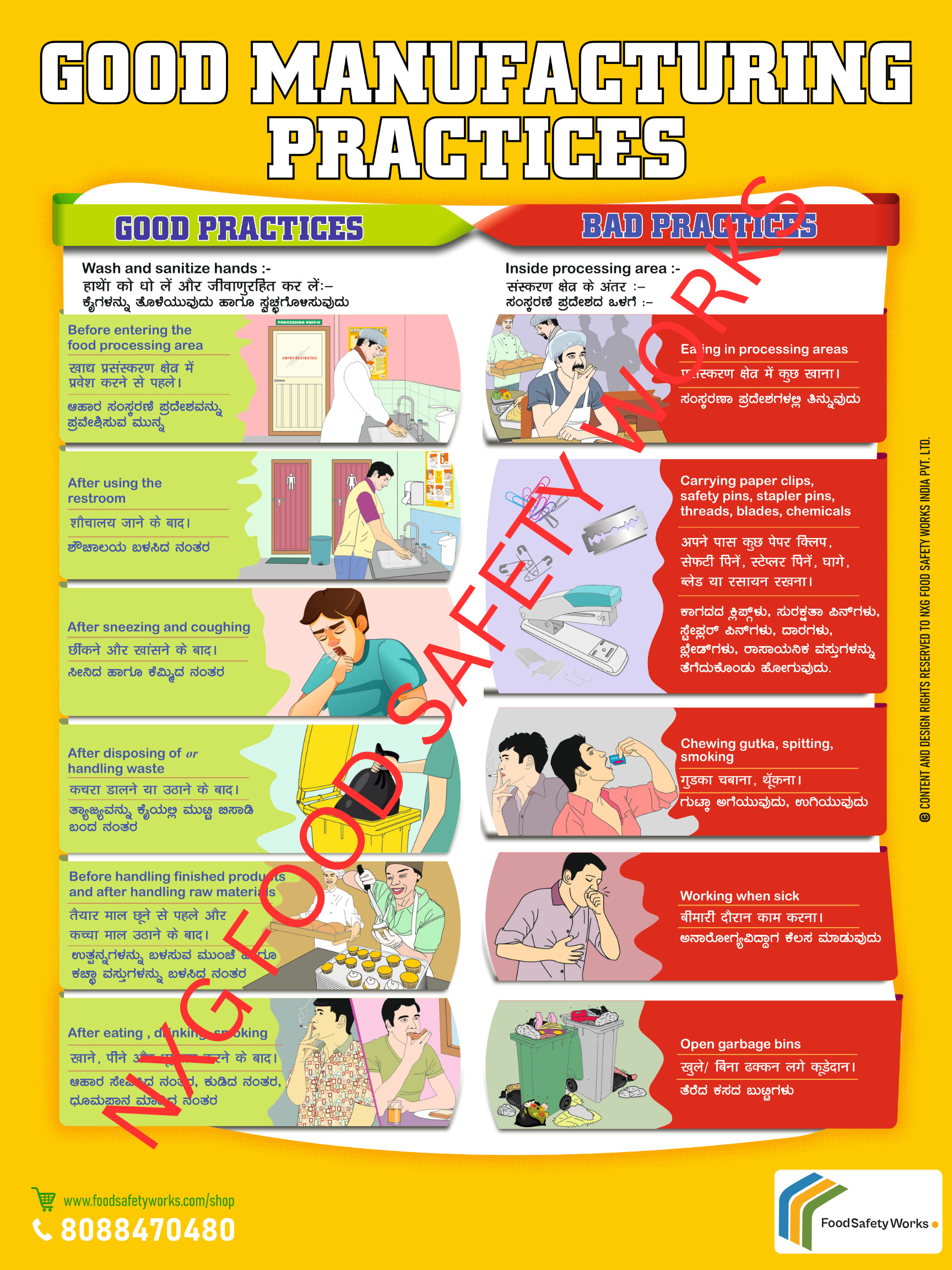 Good manufacturing practice poster with safety and hygiene guidelines for food production.