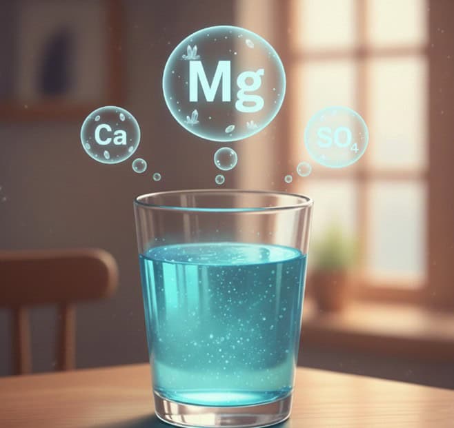 Micronutrient supplement with magnesium, calcium, and sulphate icons in a glass of water.