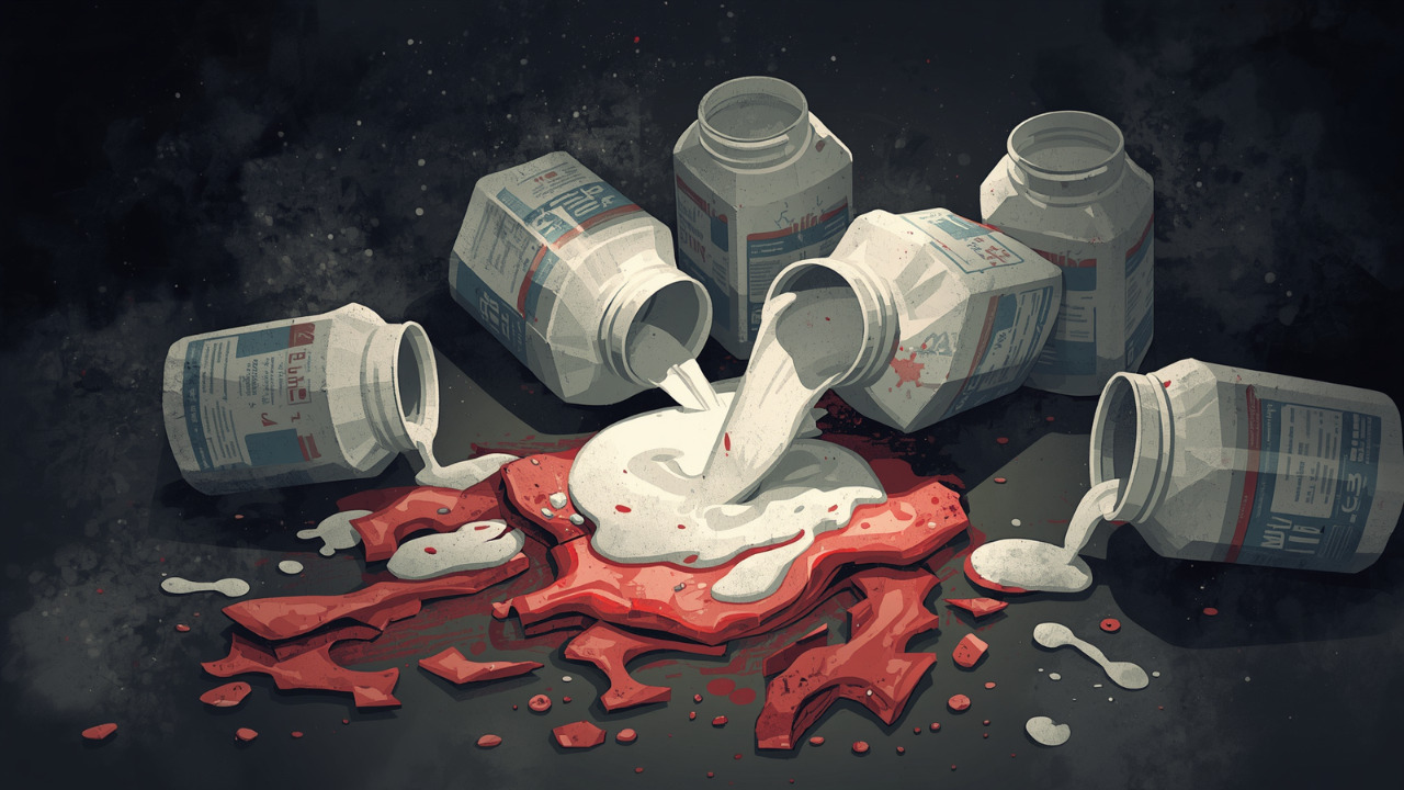 Bottles of supplements spilled on raw meat, highlighting food safety risks.