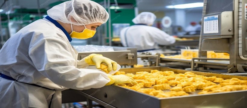Food safety worker inspecting fried food in a commercial kitchen.