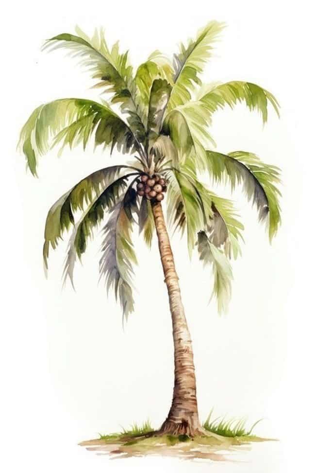 Palm tree with lush green fronds and coconuts.