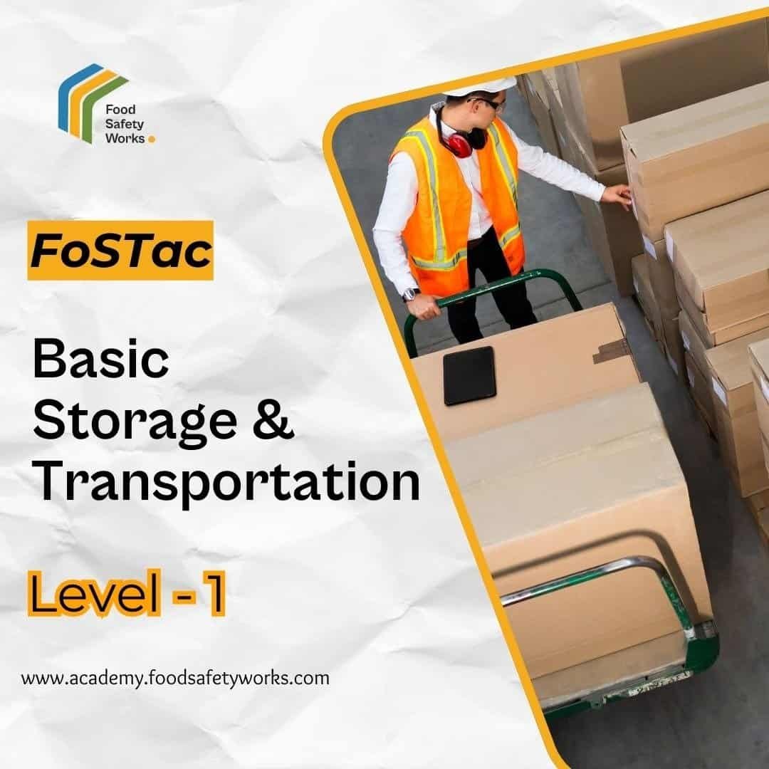 Worker handling boxes in storage area during FoSTaC training session.