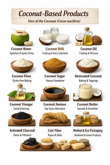 Assorted coconut products including water, milk, oil, flour, and sugar for safe food preparation.