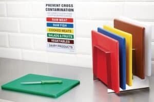 Colour-coded chopping boards for preventing cross contamination in food industry.