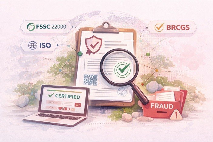 Food safety certification document with magnifying glass and fraud warning.