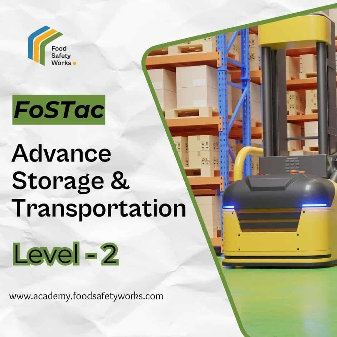 Robotic forklift in a warehouse for food safety storage and transportation.