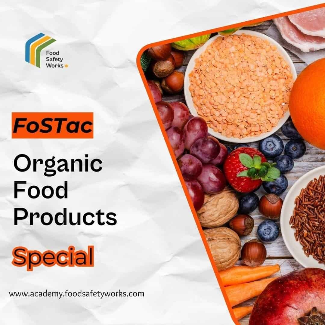 Organic food products including fruits, nuts, and grains for food safety training.