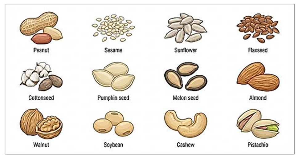 Assorted nuts, seeds, and legumes including peanuts, sunflower, flaxseed, and almonds.