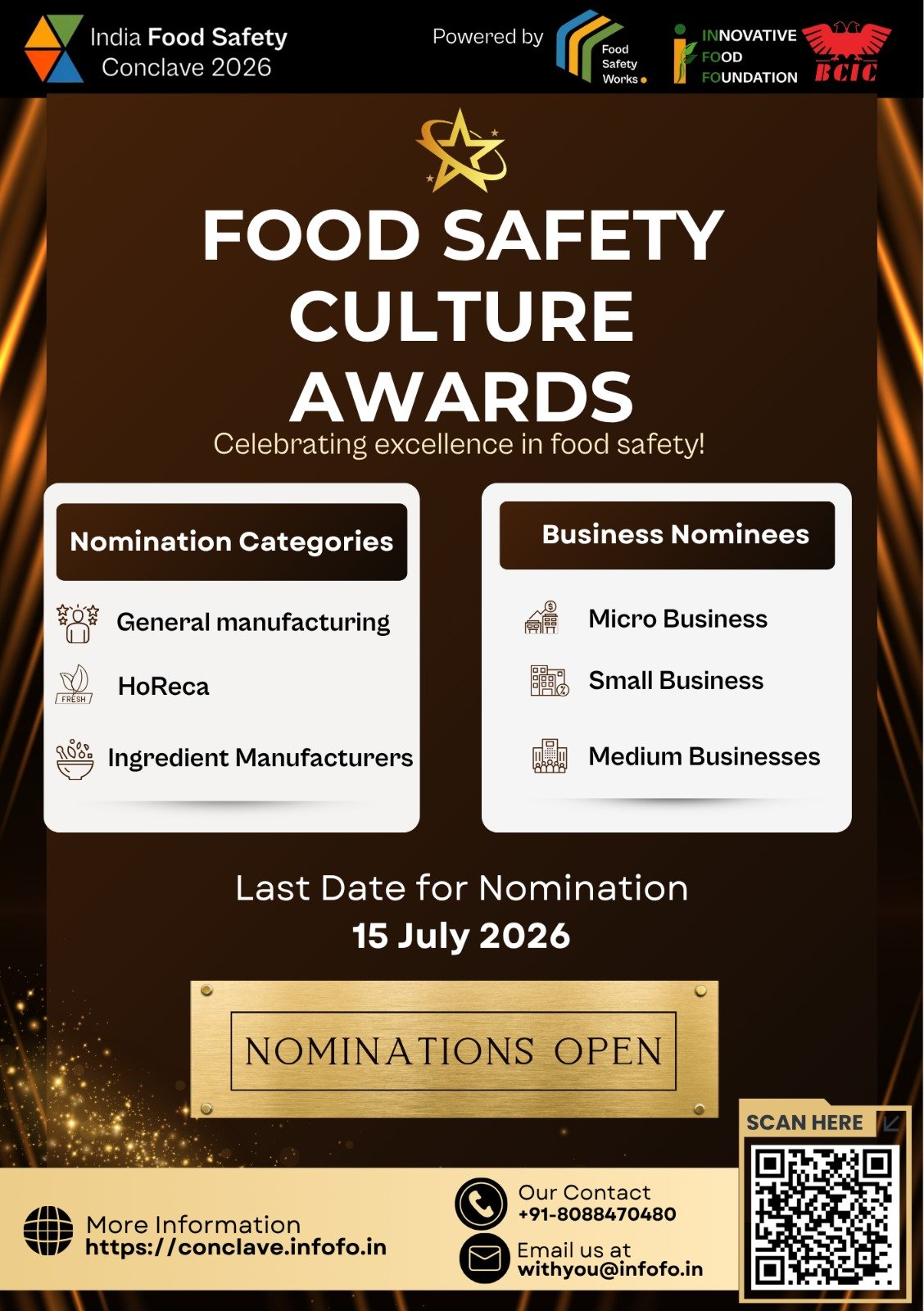 Food Safety Culture Awards poster with categories and nomination details.