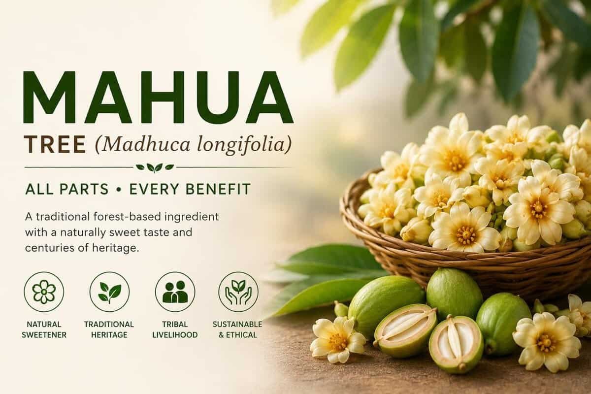 Mahua tree showcasing its flowers and fruits, highlighting its role as a natural sweetener and cultural heritage