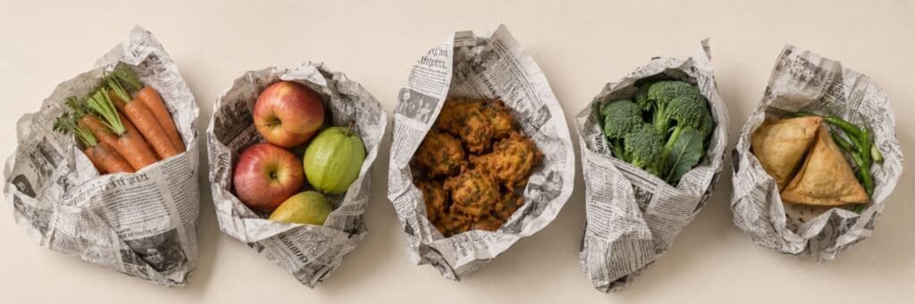 Unsafe food packaging practices involving newspapers and metallic pin