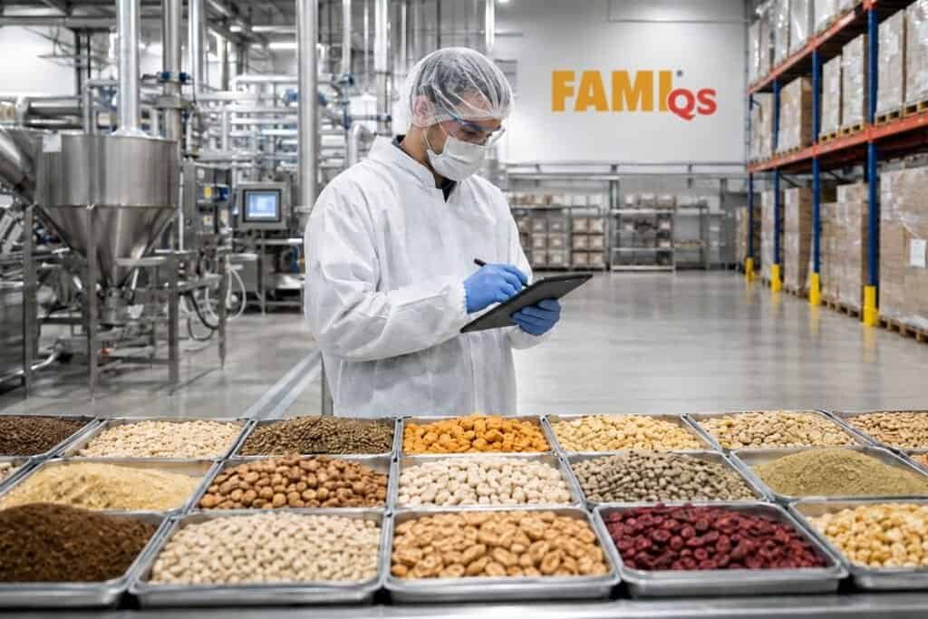 Food safety technician inspecting spices in a manufacturing facility.