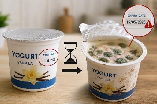 Yogurt container with expiry date label and opened product showing spoilage.