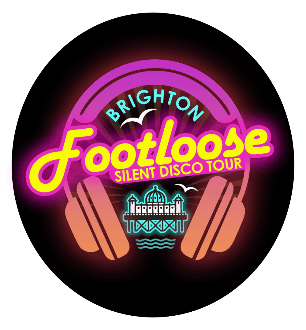 Footloose Silent Disco logo with headphones and Brighton landmark.