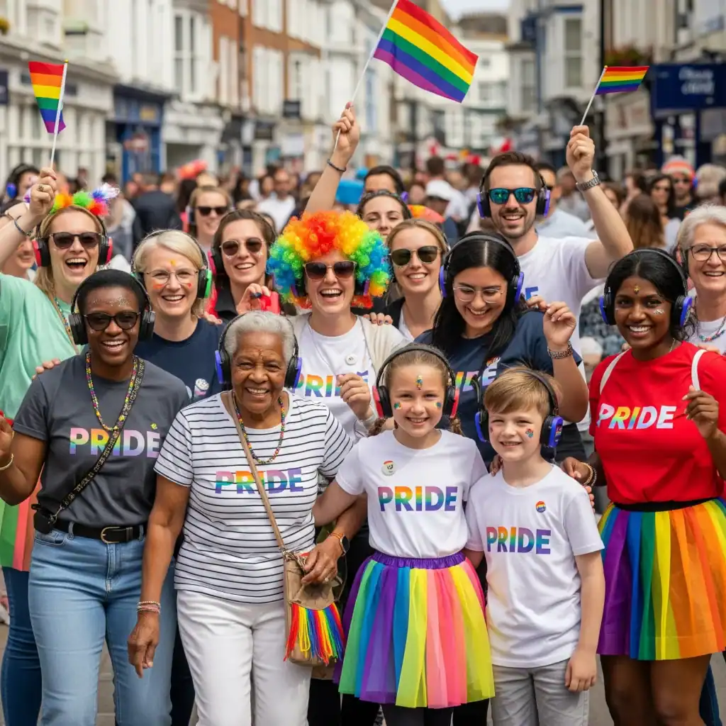 Vibrant Pride parade with diverse participants enjoying a silent disco experience.