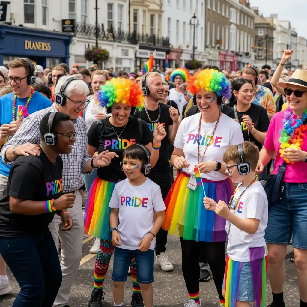 Diverse group enjoying Pride Silent Disco event outdoors.
