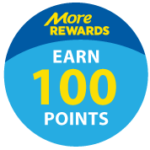 A blue circular badge with the text "More Rewards. Earn 100 Points" in yellow and white letters.