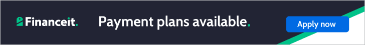 Banner ad for Financeit featuring the text "Payment plans available" and a blue "Apply now" button on a dark background with green and teal accents.