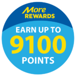 A circular badge with the text "More Rewards" at the top and "Earn up to 9,100 points" in large yellow and white letters.