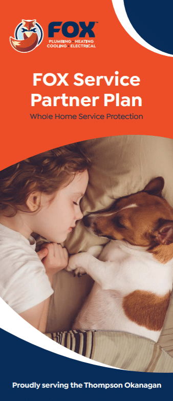 A young child lies on a bed facing a small dog. The image promotes the FOX Service Partner Plan for home protection, with text stating service in the Thompson Okanagan region.