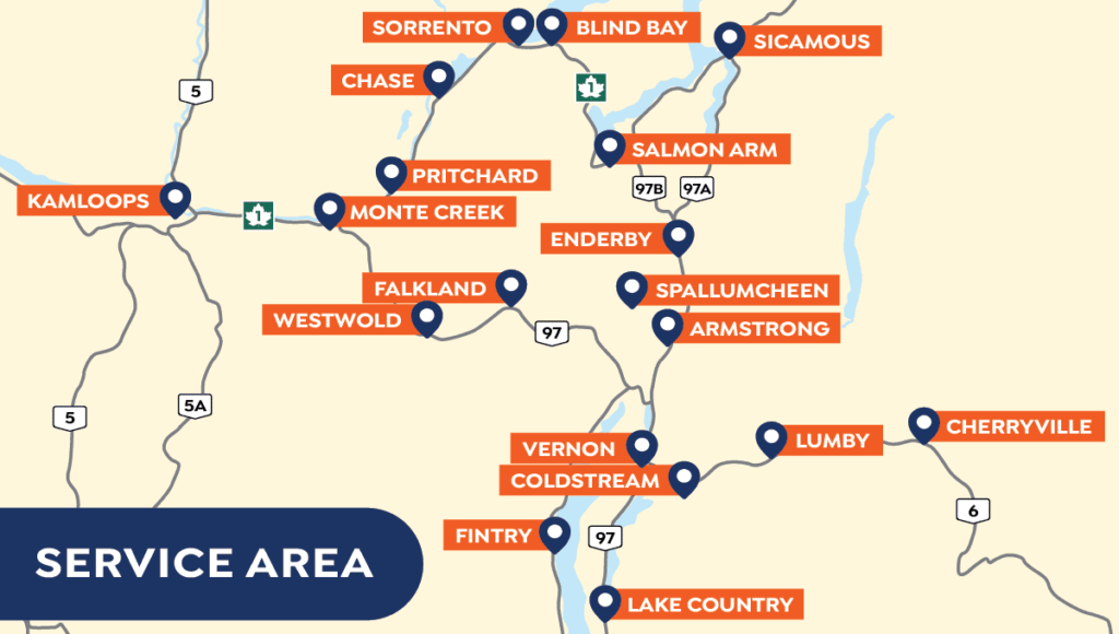 Map showing a service area in British Columbia, Canada, with towns including Kamloops, Salmon Arm, Vernon, Armstrong, Lumby, and others marked with location pins.