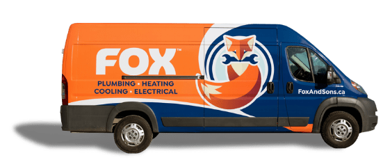 A branded van with the FOX logo and a fox graphic, advertising plumbing, heating, cooling, and electrical services, with the website FoxAndSons.ca on the side.