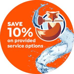 Orange circular graphic with a fox holding a plunger, water splash, and text: "Save 10% on provided service options.