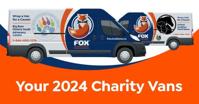 Illustration of two blue charity vans displaying logos for Big Bear Child & Youth Advocacy Centre and Animal Auxiliary Thrift Store with "Your 2024 Charity Vans" text below.