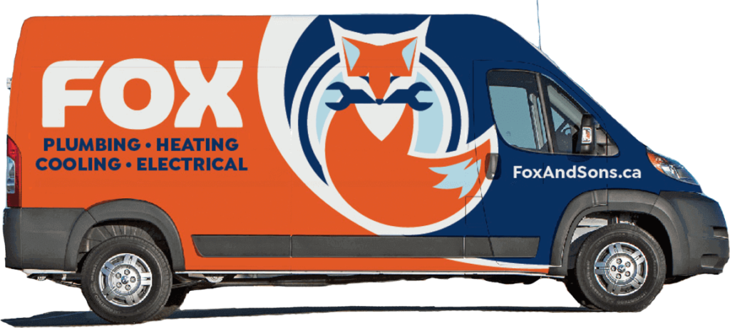 A Fox and Sons service van with orange and blue branding, featuring a fox logo and text advertising plumbing, heating, cooling, and electrical services.
