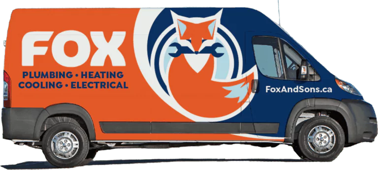 A van with orange and blue Fox Plumbing, Heating, Cooling, and Electrical branding features a fox logo holding a wrench. The website FoxAndSons.ca is displayed, highlighting their commitment to exceptional customer service.