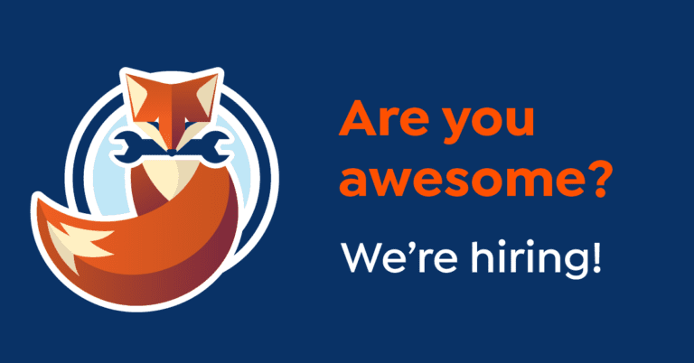 Illustration of a fox holding two wrenches in its mouth next to the text "Are you awesome? We’re hiring!" on a dark blue background.