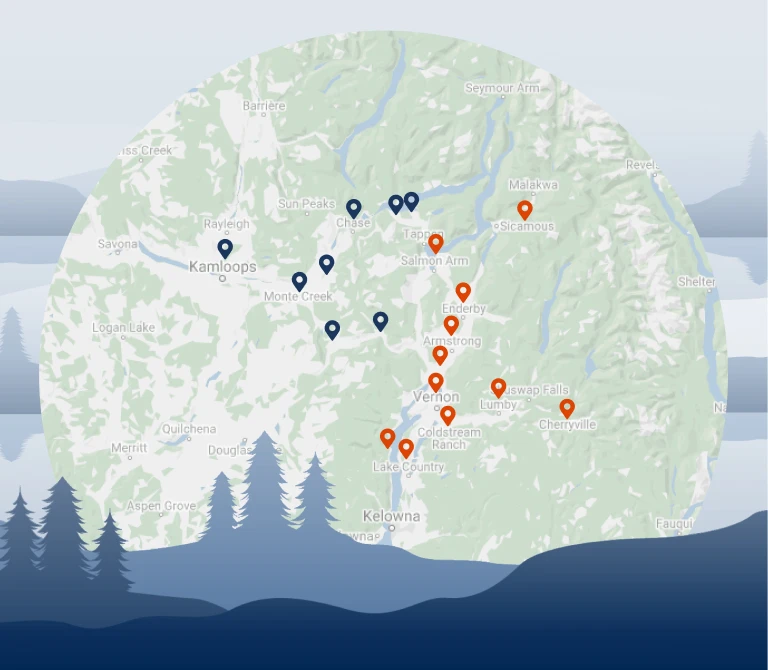 Map showing the area from Kamloops to Kelowna with markers in blue and orange indicating specific locations near towns such as Vernon, Enderby, and Salmon Arm.