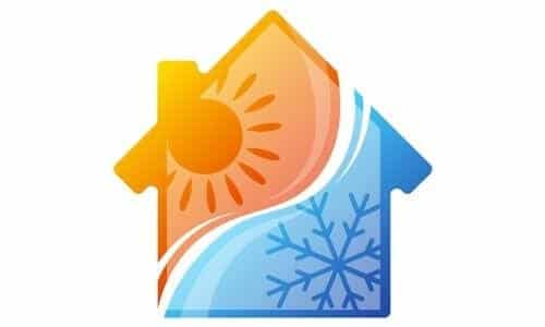 Icon of a house divided diagonally; the left half is orange with a sun for heat, and the right half is blue with a snowflake for cold—perfectly symbolizing HVAC or heating and cooling system solutions for hot and cold spots.