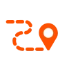 An orange location pin connected to a winding path or route on a black background.