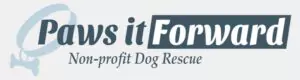 Logo for "Paws it Forward Non-profit Dog Rescue" with a dog tail graphic circling the letter "P".