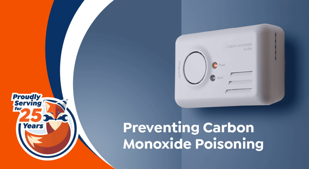 A carbon monoxide alarm mounted on a wall with text stating "Prevention of Carbon Monoxide Poisoning" and a badge marking 25 years of service.