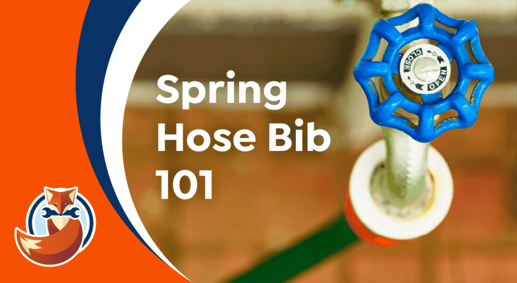 Close-up of a blue outdoor Spring Hose Bib handle with text overlay reading "Spring Hose Bib 101" and a fox logo in the bottom left corner.